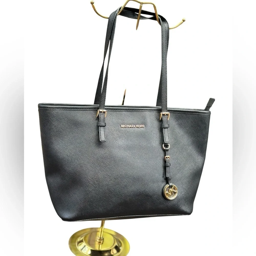 Michael Kors Black Leather Tote with Gold Accents